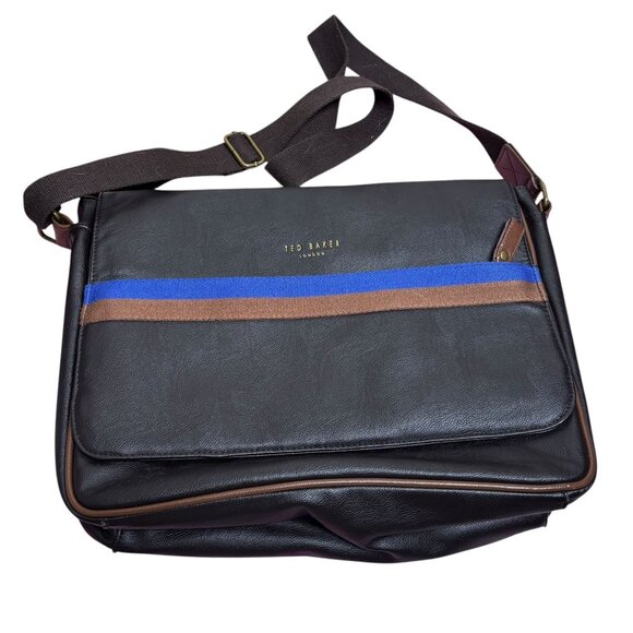 Ted Baker London Messenger Bag Brown Faux Leather Crossbody Blue Stripe Zipper - Picture 1 of 11